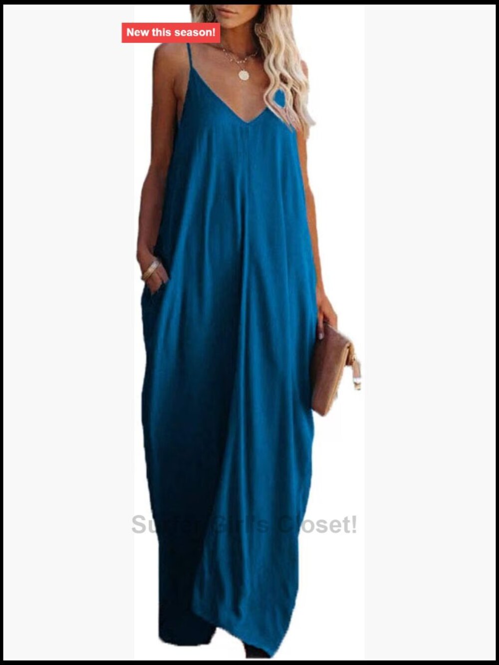 Sleeveless V Neck Maxi Dress with Pockets Flowy Loose Summer Beach Long